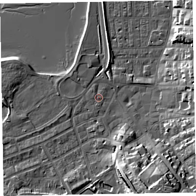 Shaded relief map of the ground around EX81DF, computed from Environment Agency LiDAR. The ground here sits at about 3 m above sea level and falls 21 m across the surrounding 800 m. Surface water reaching this point runs off ground lying to the south-south-east, 18.4 m higher.