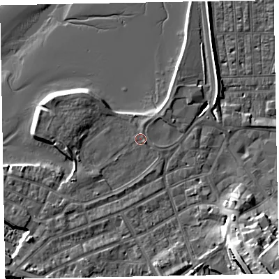Shaded relief map of the ground around EX81DG, computed from Environment Agency LiDAR. The ground here sits at about 3 m above sea level and falls 21 m across the surrounding 800 m. Surface water reaching this point runs off ground lying to the south-east, 0.5 m higher.