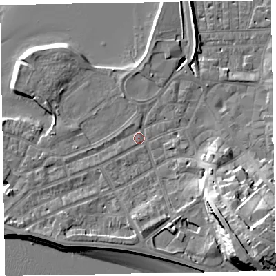 Shaded relief map of the ground around EX81DH, computed from Environment Agency LiDAR. The ground here sits at about 3 m above sea level and falls 23 m across the surrounding 800 m. Surface water reaching this point runs off ground lying to the south-east, 19.0 m higher.