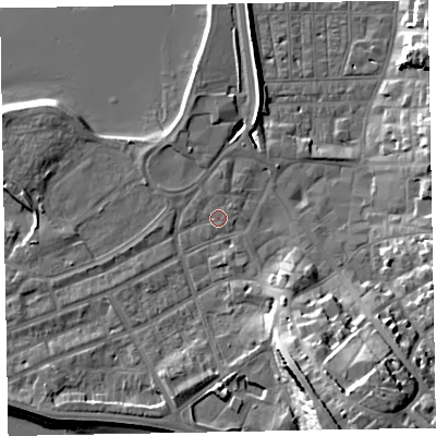 Shaded relief map of the ground around EX81DJ, computed from Environment Agency LiDAR. The ground here sits at about 3 m above sea level and falls 23 m across the surrounding 800 m. Surface water reaching this point runs off ground lying to the north-west, 0.9 m higher.