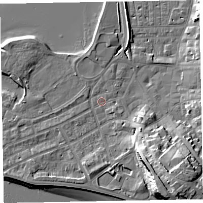 Shaded relief map of the ground around EX81DL, computed from Environment Agency LiDAR. The ground here sits at about 3 m above sea level and falls 23 m across the surrounding 800 m. Surface water reaching this point runs off ground lying to the south-east, 19.0 m higher.