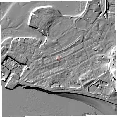 Shaded relief map of the ground around EX81DP, computed from Environment Agency LiDAR. The ground here sits at about 4 m above sea level and falls 20 m across the surrounding 800 m. Surface water reaching this point runs off ground lying to the south-west, 2.6 m higher.