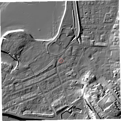 Shaded relief map of the ground around EX81DQ, computed from Environment Agency LiDAR. The ground here sits at about 3 m above sea level and falls 22 m across the surrounding 800 m. Surface water reaching this point runs off ground lying to the south-east, 19.0 m higher.