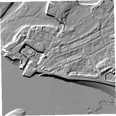 Shaded relief map of the ground around EX81DR, computed from Environment Agency LiDAR. The ground here sits at about 4 m above sea level and falls 9 m across the surrounding 800 m. Surface water reaching this point runs off ground lying to the south-south-west, 1.8 m higher.