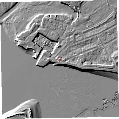 Shaded relief map of the ground around EX81DS, computed from Environment Agency LiDAR. The ground here sits at about 5 m above sea level and falls 8 m across the surrounding 800 m. Surface water reaching this point runs off ground lying to the east, 0.9 m higher.