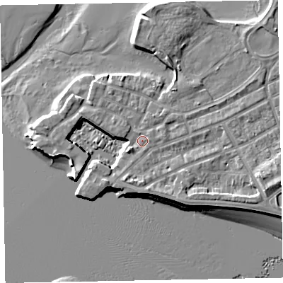 Shaded relief map of the ground around EX81DT, computed from Environment Agency LiDAR. The ground here sits at about 4 m above sea level and falls 8 m across the surrounding 800 m. Surface water reaching this point runs off ground lying to the south-west, 1.5 m higher.