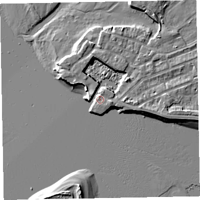 Shaded relief map of the ground around EX81DU, computed from Environment Agency LiDAR. The ground here sits at about 4 m above sea level and falls 7 m across the surrounding 800 m. Surface water reaching this point runs off ground lying to the east-south-east, 1.2 m higher.
