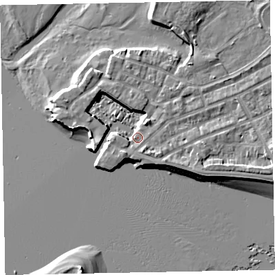 Shaded relief map of the ground around EX81DY, computed from Environment Agency LiDAR. The ground here sits at about 4 m above sea level and falls 8 m across the surrounding 800 m. Surface water reaching this point runs off ground lying to the north-north-east, 6.0 m higher.