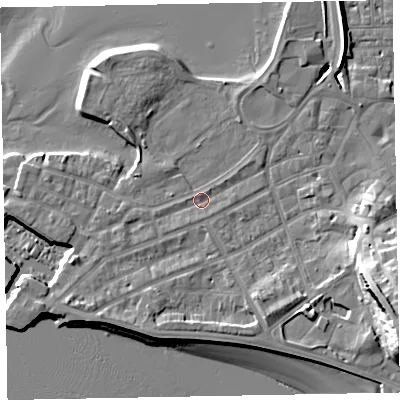 Shaded relief map of the ground around EX81EB, computed from Environment Agency LiDAR. The ground here sits at about 3 m above sea level and falls 23 m across the surrounding 800 m. Surface water reaching this point runs off ground lying to the south-west, 2.6 m higher.