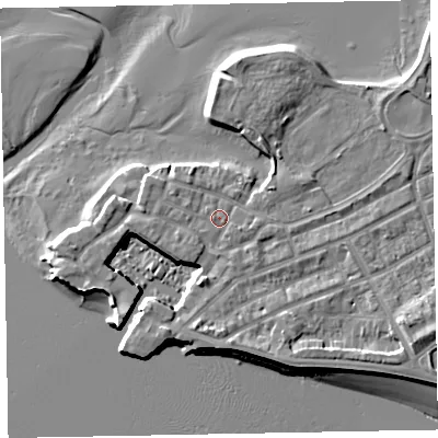 Shaded relief map of the ground around EX81ED, computed from Environment Agency LiDAR. The ground here sits at about 4 m above sea level and falls 8 m across the surrounding 800 m. Surface water reaching this point runs off ground lying to the west-north-west, 1.1 m higher.