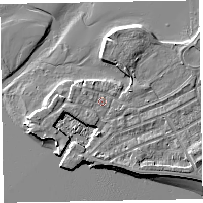 Shaded relief map of the ground around EX81EE, computed from Environment Agency LiDAR. The ground here sits at about 4 m above sea level and falls 8 m across the surrounding 800 m. Surface water reaching this point runs off ground lying to the west-north-west, 0.9 m higher.