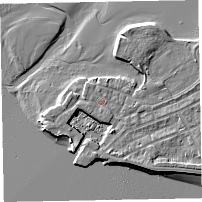 Shaded relief map of the ground around EX81EF, computed from Environment Agency LiDAR. The ground here sits at about 4 m above sea level and falls 7 m across the surrounding 800 m. Surface water reaching this point runs off ground lying to the south-south-east, 0.9 m higher.