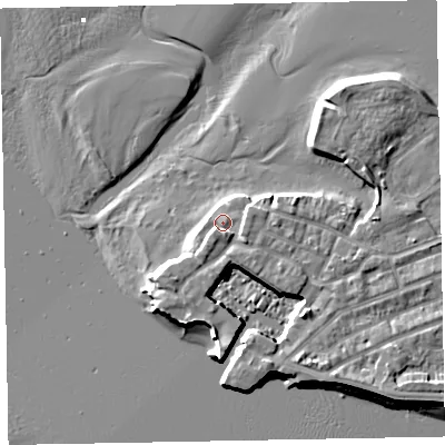 Shaded relief map of the ground around EX81EG, computed from Environment Agency LiDAR. The ground here sits at about 3 m above sea level and falls 7 m across the surrounding 800 m. Surface water reaching this point runs off ground lying to the south-west, 1.9 m higher.