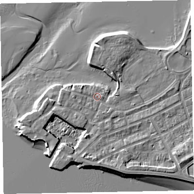 Shaded relief map of the ground around EX81EH, computed from Environment Agency LiDAR. The ground here sits at about 3 m above sea level and falls 8 m across the surrounding 800 m. Surface water reaching this point runs off ground lying to the west-north-west, 1.3 m higher.