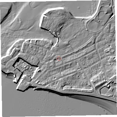 Shaded relief map of the ground around EX81EJ, computed from Environment Agency LiDAR. The ground here sits at about 4 m above sea level and falls 9 m across the surrounding 800 m. Surface water reaching this point runs off ground lying to the south-west, 1.1 m higher.