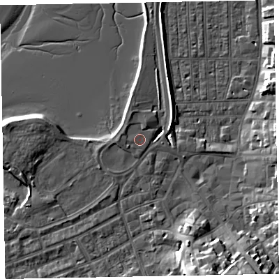 Shaded relief map of the ground around EX81EN, computed from Environment Agency LiDAR. The ground here sits at about 4 m above sea level and falls 16 m across the surrounding 800 m. Surface water reaching this point runs off ground lying to the north-north-west, 1.1 m higher.