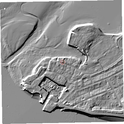 Shaded relief map of the ground around EX81EQ, computed from Environment Agency LiDAR. The ground here sits at about 4 m above sea level and falls 8 m across the surrounding 800 m. Surface water reaching this point runs off ground lying to the north-north-east, 1.2 m higher.