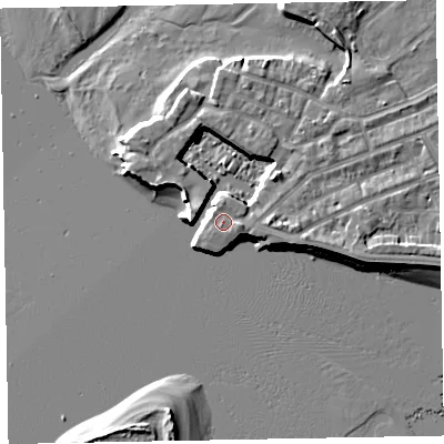 Shaded relief map of the ground around EX81ER, computed from Environment Agency LiDAR. The ground here sits at about 4 m above sea level and falls 7 m across the surrounding 800 m. Surface water reaching this point runs off ground lying to the east-south-east, 1.2 m higher.