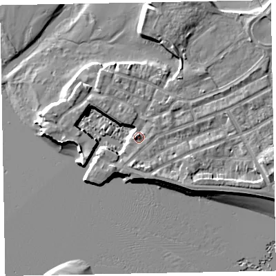 Shaded relief map of the ground around EX81ET, computed from Environment Agency LiDAR. The ground here sits at about 5 m above sea level and falls 8 m across the surrounding 800 m. Surface water reaching this point runs off ground lying to the north-north-west, 1.5 m higher.