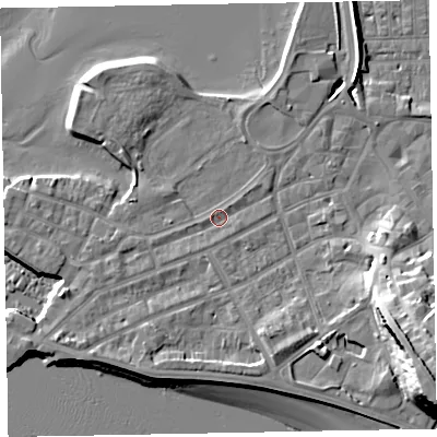 Shaded relief map of the ground around EX81EW, computed from Environment Agency LiDAR. The ground here sits at about 3 m above sea level and falls 23 m across the surrounding 800 m. Surface water reaching this point runs off ground lying to the south-west, 2.6 m higher.