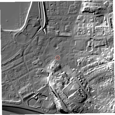 Shaded relief map of the ground around EX81EY, computed from Environment Agency LiDAR. The ground here sits at about 4 m above sea level and falls 26 m across the surrounding 800 m. Surface water reaching this point runs off ground lying to the south-south-west, 4.8 m higher.