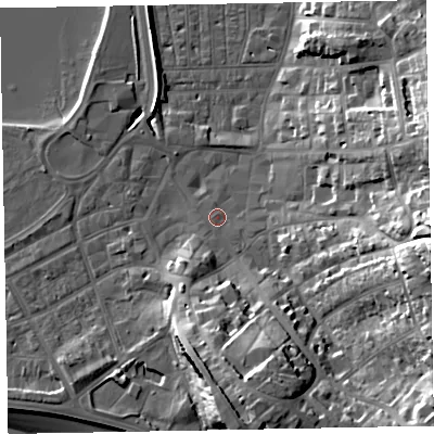 Shaded relief map of the ground around EX81EZ, computed from Environment Agency LiDAR. The ground here sits at about 3 m above sea level and falls 30 m across the surrounding 800 m. Surface water reaching this point runs off ground lying to the east-south-east, 24.3 m higher.