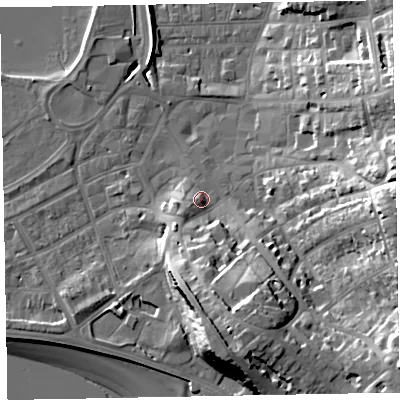 Shaded relief map of the ground around EX81FA, computed from Environment Agency LiDAR. The ground here sits at about 6 m above sea level and falls 27 m across the surrounding 800 m. Surface water reaching this point runs off ground lying to the south, 10.7 m higher.