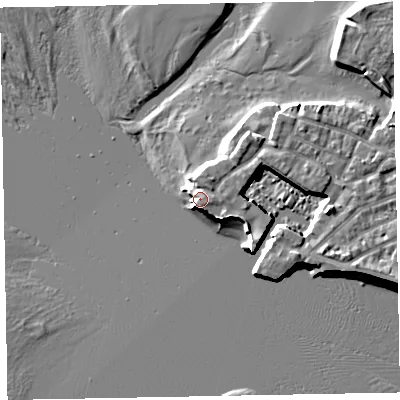 Shaded relief map of the ground around EX81FB, computed from Environment Agency LiDAR. The ground here sits at about 4 m above sea level and falls 7 m across the surrounding 800 m. Surface water reaching this point runs off ground lying to the north-north-east, 1.6 m higher.