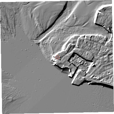 Shaded relief map of the ground around EX81FD, computed from Environment Agency LiDAR. The ground here sits at about 4 m above sea level and falls 7 m across the surrounding 800 m. Surface water reaching this point runs off ground lying to the east-south-east, 1.8 m higher.