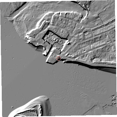 Shaded relief map of the ground around EX81FE, computed from Environment Agency LiDAR. The ground here sits at about 4 m above sea level and falls 7 m across the surrounding 800 m. Surface water reaching this point runs off ground lying to the east, 5.5 m higher.