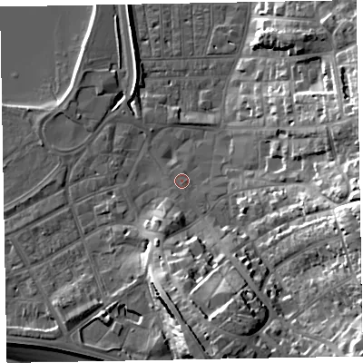 Shaded relief map of the ground around EX81HA, computed from Environment Agency LiDAR. The ground here sits at about 3 m above sea level and falls 27 m across the surrounding 800 m. Surface water reaching this point runs off ground lying to the east, 23.4 m higher.