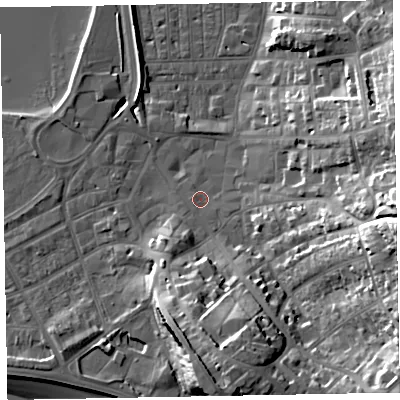 Shaded relief map of the ground around EX81HB, computed from Environment Agency LiDAR. The ground here sits at about 3 m above sea level and falls 32 m across the surrounding 800 m. Surface water reaching this point runs off ground lying to the east, 27.7 m higher.