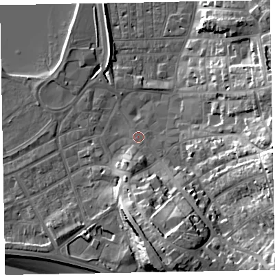 Shaded relief map of the ground around EX81HE, computed from Environment Agency LiDAR. The ground here sits at about 4 m above sea level and falls 25 m across the surrounding 800 m. Surface water reaching this point runs off ground lying to the south-south-west, 4.9 m higher.