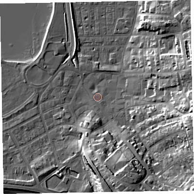 Shaded relief map of the ground around EX81HH, computed from Environment Agency LiDAR. The ground here sits at about 3 m above sea level and falls 25 m across the surrounding 800 m. Surface water reaching this point runs off ground lying to the east-south-east, 22.9 m higher.