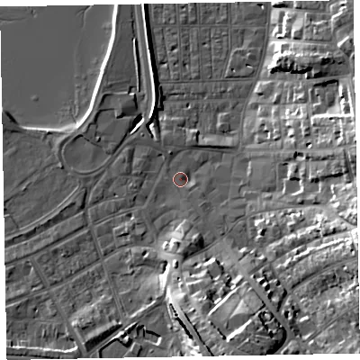 Shaded relief map of the ground around EX81HL, computed from Environment Agency LiDAR. The ground here sits at about 3 m above sea level and falls 22 m across the surrounding 800 m. Surface water reaching this point runs off ground lying to the east-south-east, 19.8 m higher.