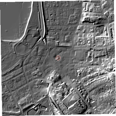 Shaded relief map of the ground around EX81HP, computed from Environment Agency LiDAR. The ground here sits at about 3 m above sea level and falls 25 m across the surrounding 800 m. Surface water reaching this point runs off ground lying to the east-south-east, 23.6 m higher.