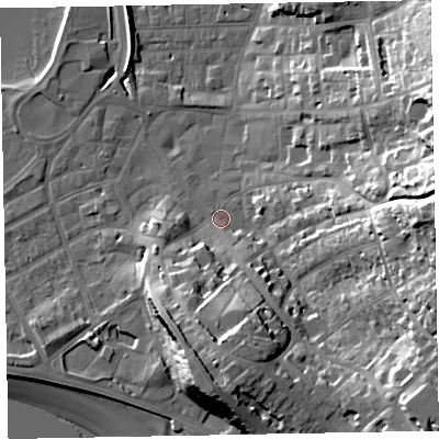 Shaded relief map of the ground around EX81HQ, computed from Environment Agency LiDAR. The ground here sits at about 4 m above sea level and falls 36 m across the surrounding 800 m. Surface water reaching this point runs off ground lying to the south, 17.4 m higher.