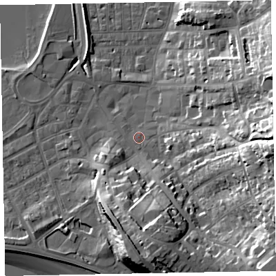 Shaded relief map of the ground around EX81HR, computed from Environment Agency LiDAR. The ground here sits at about 4 m above sea level and falls 35 m across the surrounding 800 m. Surface water reaching this point runs off ground lying to the east, 30.3 m higher.