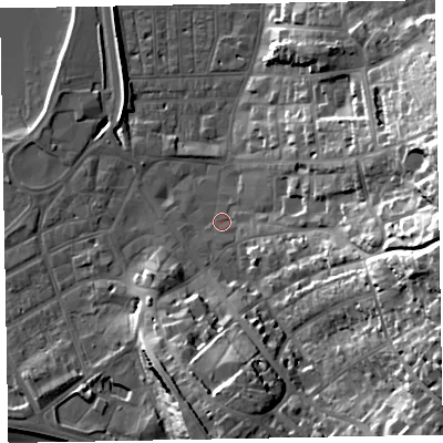 Shaded relief map of the ground around EX81HS, computed from Environment Agency LiDAR. The ground here sits at about 3 m above sea level and falls 35 m across the surrounding 800 m. Surface water reaching this point runs off ground lying to the east-south-east, 31.6 m higher.