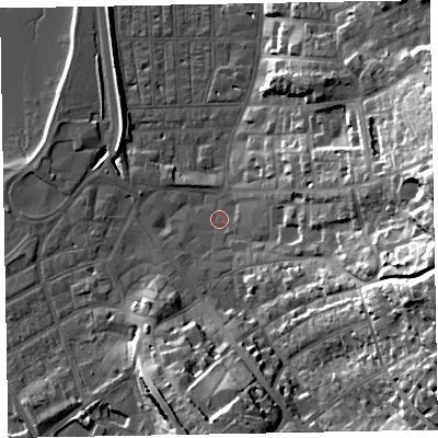 Shaded relief map of the ground around EX81HW, computed from Environment Agency LiDAR. The ground here sits at about 3 m above sea level and falls 35 m across the surrounding 800 m. Surface water reaching this point runs off ground lying to the east-south-east, 32.3 m higher.