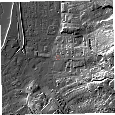 Shaded relief map of the ground around EX81JL, computed from Environment Agency LiDAR. The ground here sits at about 4 m above sea level and falls 39 m across the surrounding 800 m. Surface water reaching this point runs off ground lying to the east, 18.2 m higher.