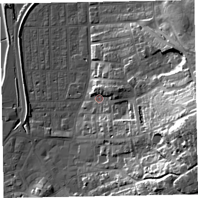 Shaded relief map of the ground around EX81LF, computed from Environment Agency LiDAR. The ground here sits at about 5 m above sea level and falls 44 m across the surrounding 800 m. Surface water reaching this point runs off ground lying to the east-south-east, 39.6 m higher.