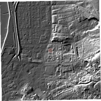 Shaded relief map of the ground around EX81LH, computed from Environment Agency LiDAR. The ground here sits at about 4 m above sea level and falls 41 m across the surrounding 800 m. Surface water reaching this point runs off ground lying to the east-south-east, 25.4 m higher.