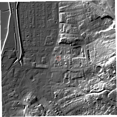 Shaded relief map of the ground around EX81LN, computed from Environment Agency LiDAR. The ground here sits at about 4 m above sea level and falls 42 m across the surrounding 800 m. Surface water reaching this point runs off ground lying to the east-south-east, 9.7 m higher.