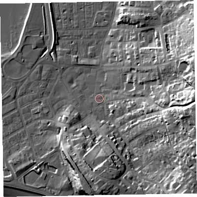 Shaded relief map of the ground around EX81LU, computed from Environment Agency LiDAR. The ground here sits at about 3 m above sea level and falls 36 m across the surrounding 800 m. Surface water reaching this point runs off ground lying to the east, 31.6 m higher.