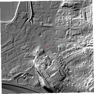 Shaded relief map of the ground around EX81NH, computed from Environment Agency LiDAR. The ground here sits at about 4 m above sea level and falls 33 m across the surrounding 800 m. Surface water reaching this point runs off ground lying to the south, 17.9 m higher.