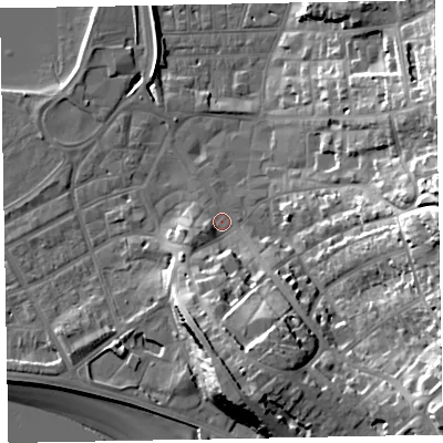 Shaded relief map of the ground around EX81NJ, computed from Environment Agency LiDAR. The ground here sits at about 4 m above sea level and falls 31 m across the surrounding 800 m. Surface water reaching this point runs off ground lying to the south-south-east, 17.6 m higher.