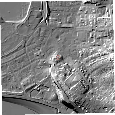 Shaded relief map of the ground around EX81NT, computed from Environment Agency LiDAR. The ground here sits at about 6 m above sea level and falls 25 m across the surrounding 800 m. Surface water reaching this point runs off ground lying to the south-south-west, 3.6 m higher.