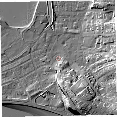 Shaded relief map of the ground around EX81NU, computed from Environment Agency LiDAR. The ground here sits at about 3 m above sea level and falls 23 m across the surrounding 800 m. Surface water reaching this point runs off ground lying to the south, 7.2 m higher.