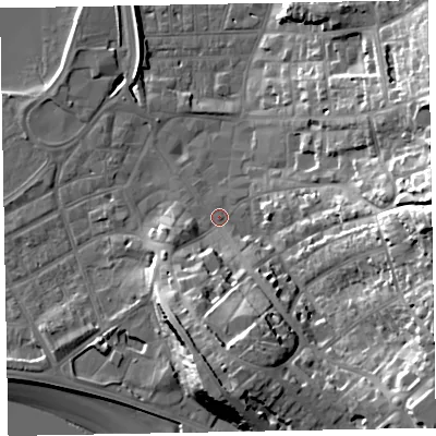 Shaded relief map of the ground around EX81NW, computed from Environment Agency LiDAR. The ground here sits at about 4 m above sea level and falls 35 m across the surrounding 800 m. Surface water reaching this point runs off ground lying to the south, 17.5 m higher.